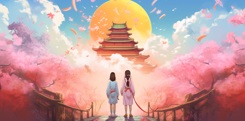 粉色武汉樱花鲜花植物人物背影手绘插画,高清,摄影图,摄影图片,图片大全,摄影图免费下载